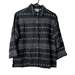 Chico’s Design Embroidered Linen Button Down Shirt Black Womens 0